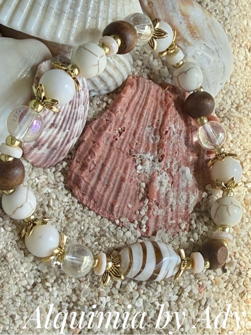 Turquoise shell 🐚 aura quartz White, Brown & Gold Beaded Stretch Bracelet